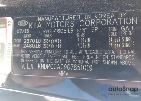 2016 Kia Sportage Ex z USA, uszkodzony, nr VIN KNDPCCAC9G7851019